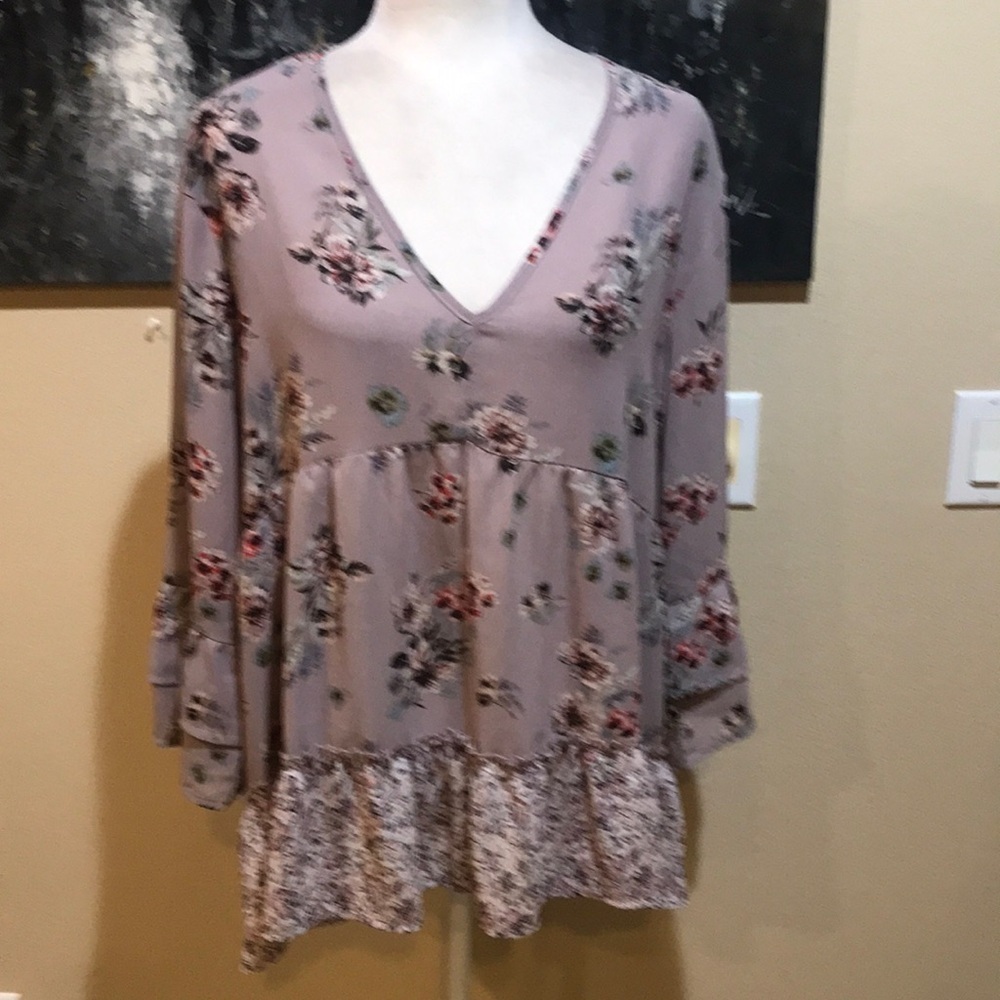 Artesia Boho Long Sleeve Floral Empire Waist Top Purple /Pink w/Ruffle Hem-XL